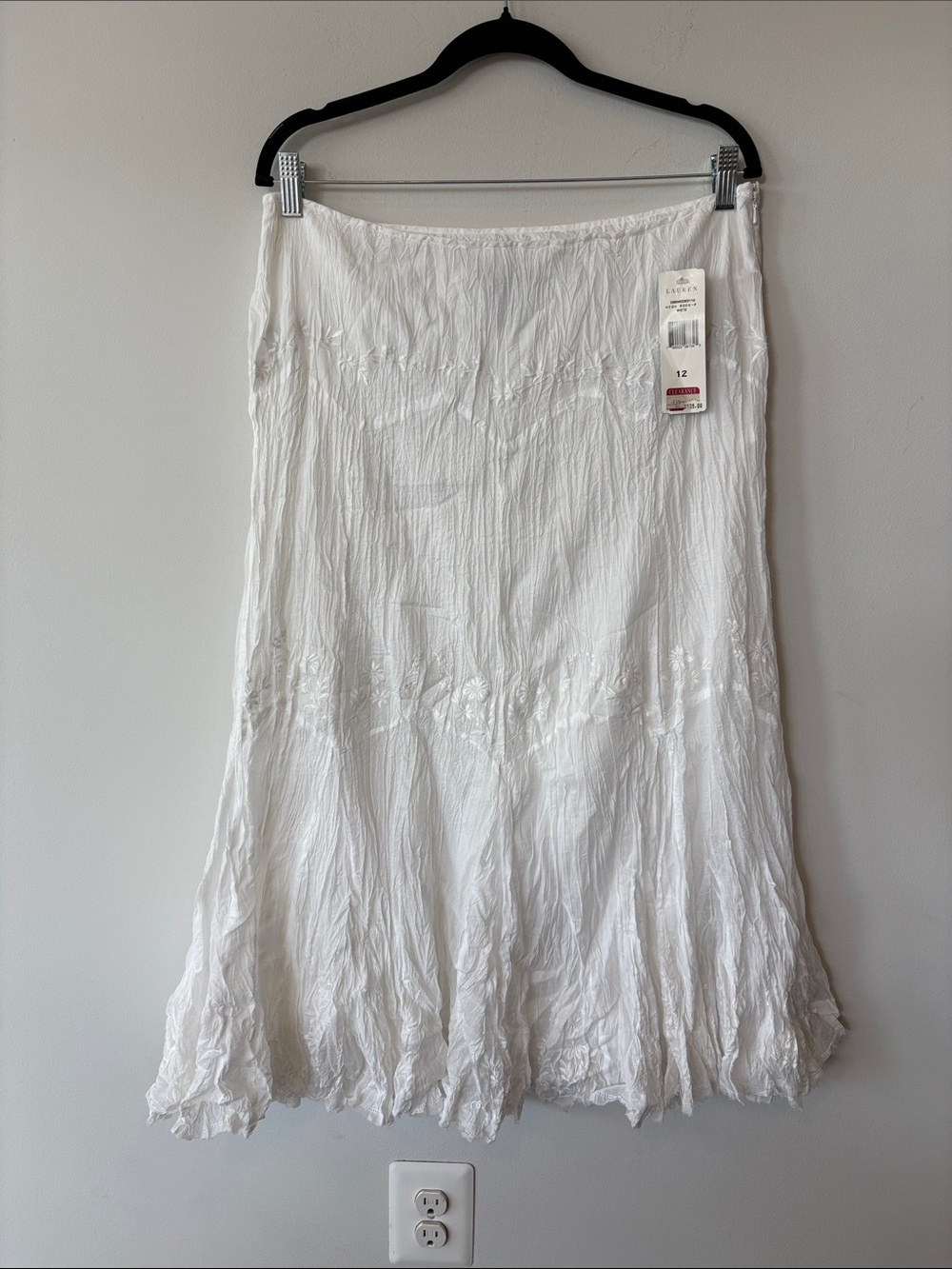 Ralph Lauren rare vintage Deadstock White Embroidered Crinkle Maxi Skirt Sz 12